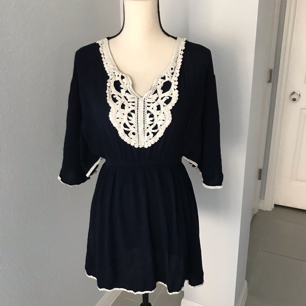 ❤️3X20 LIBERTY LOVE Women Navy Blue Rayon Crochet Chest Trim COVERUP Dre…